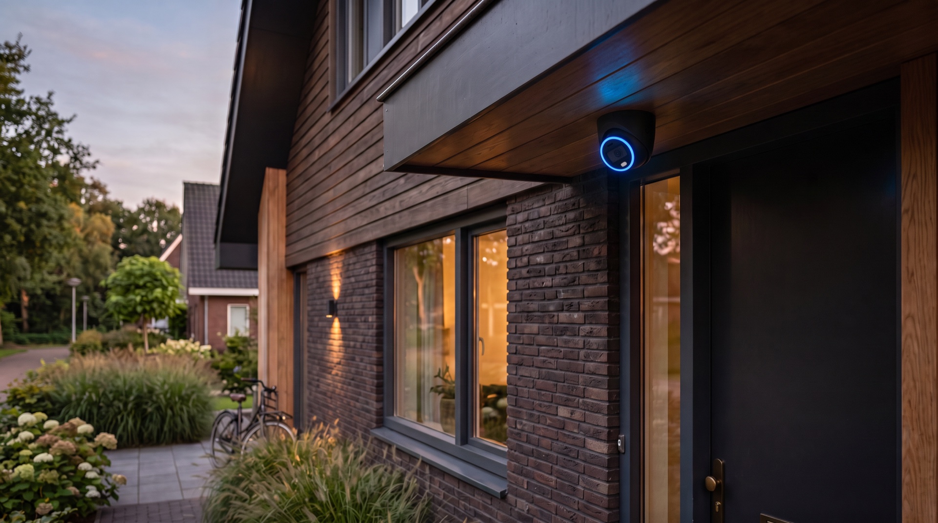 Slimme beveiligingscamera onder de overkapping van een woning