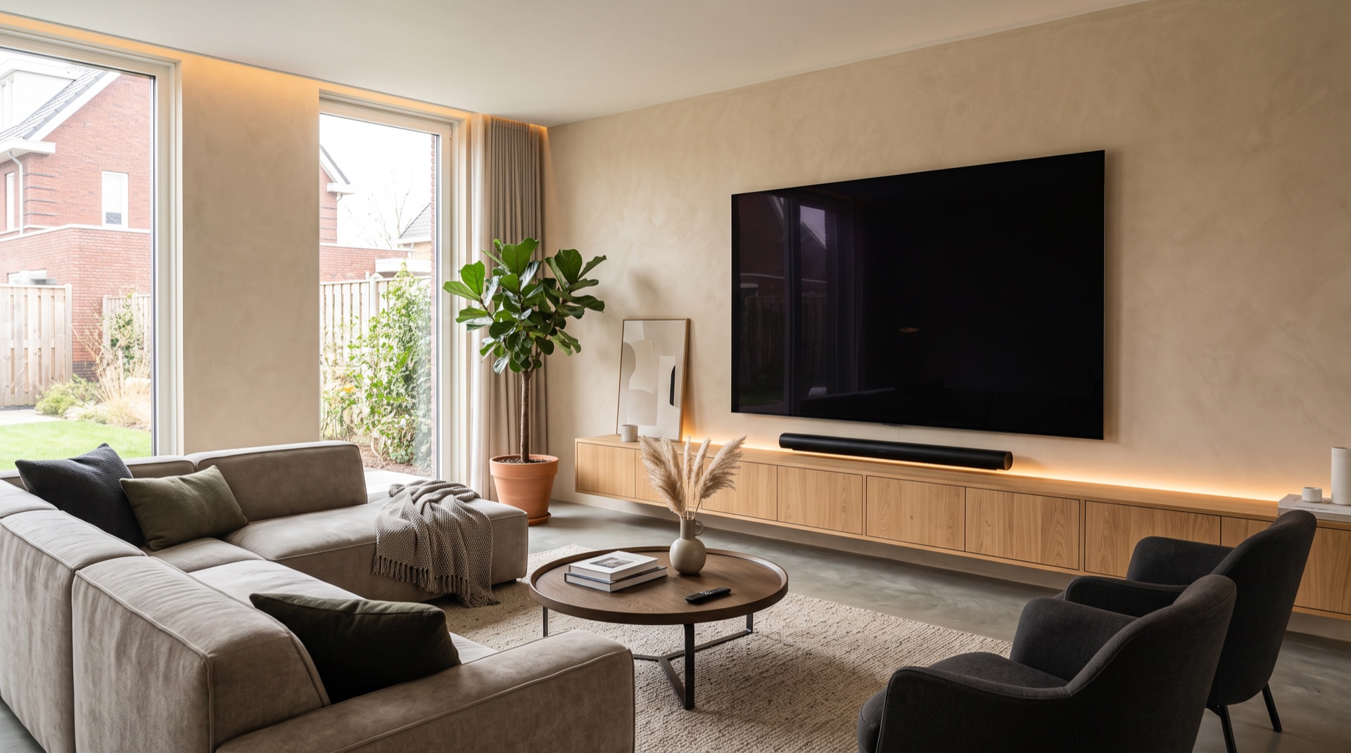 Grote wandgemonteerde televisie met soundbar en weggewerkte bekabeling