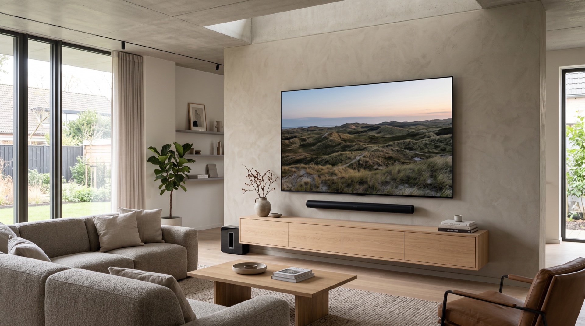 Televisie en soundbar centraal gemonteerd in een lichte woonkamer