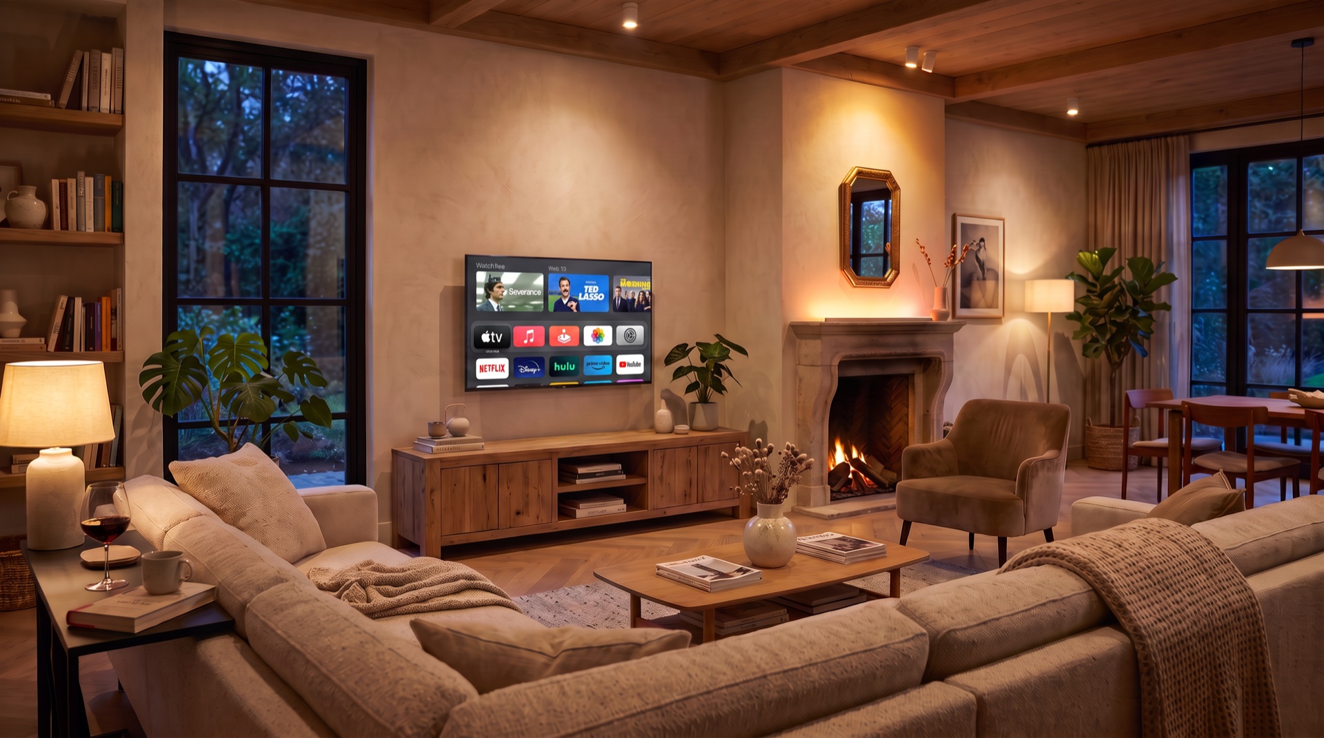Compacte televisie-installatie in een warme woonkamer
