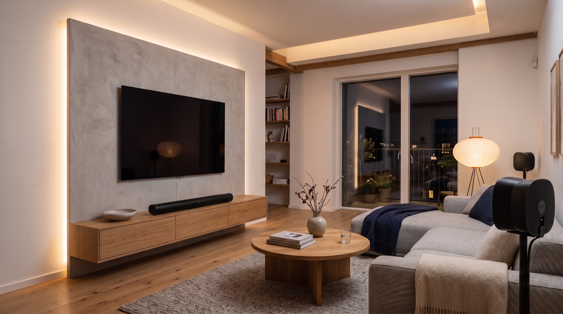 Televisie met soundbar en sfeervolle wandverlichting