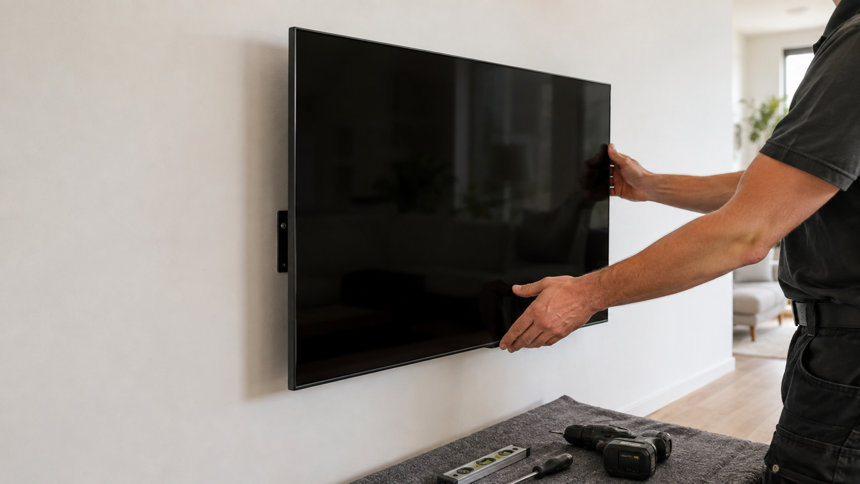 Installateur die een televisie veilig en waterpas aan een gewone wand monteert