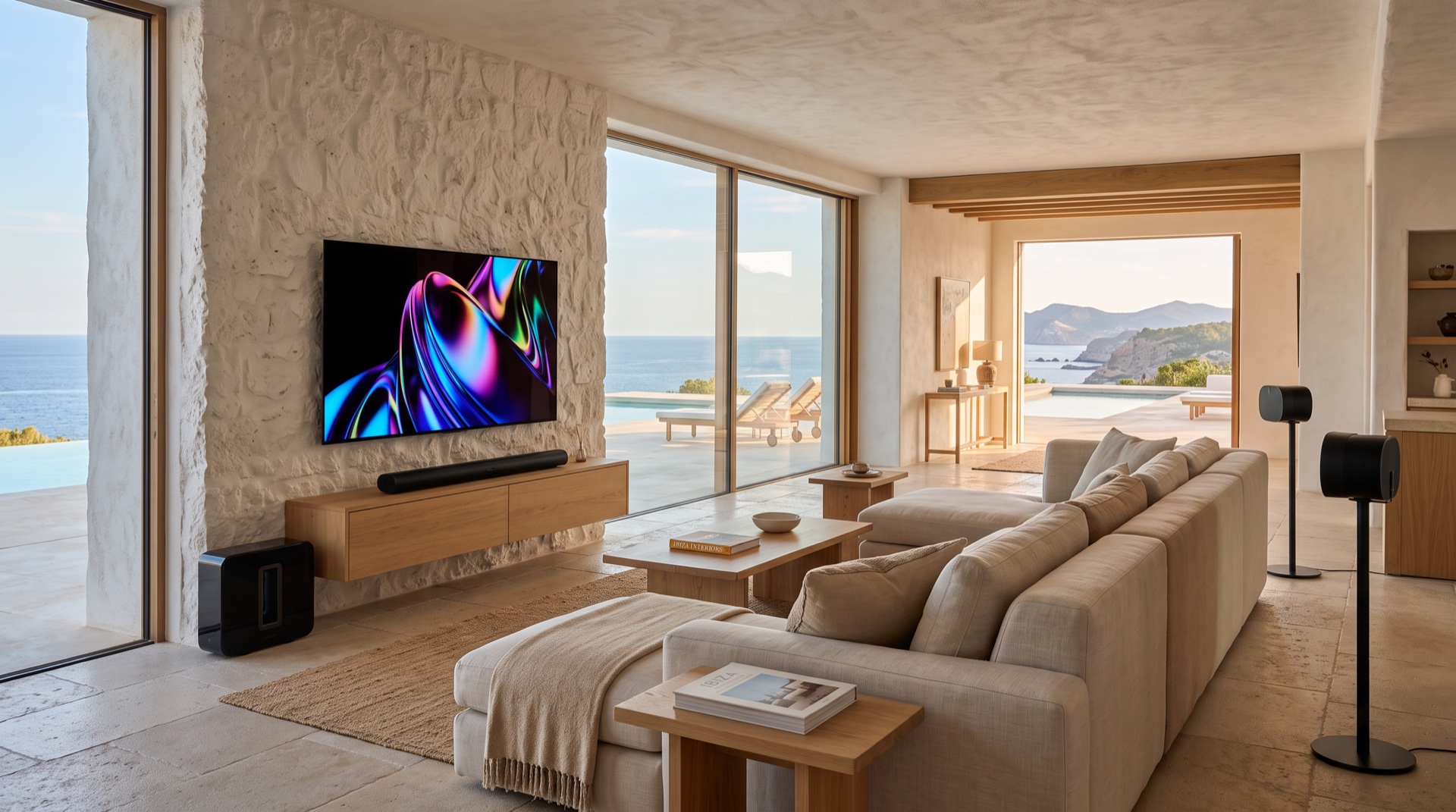 TV en Sonos-installatie in een villa op Ibiza met uitzicht op zee