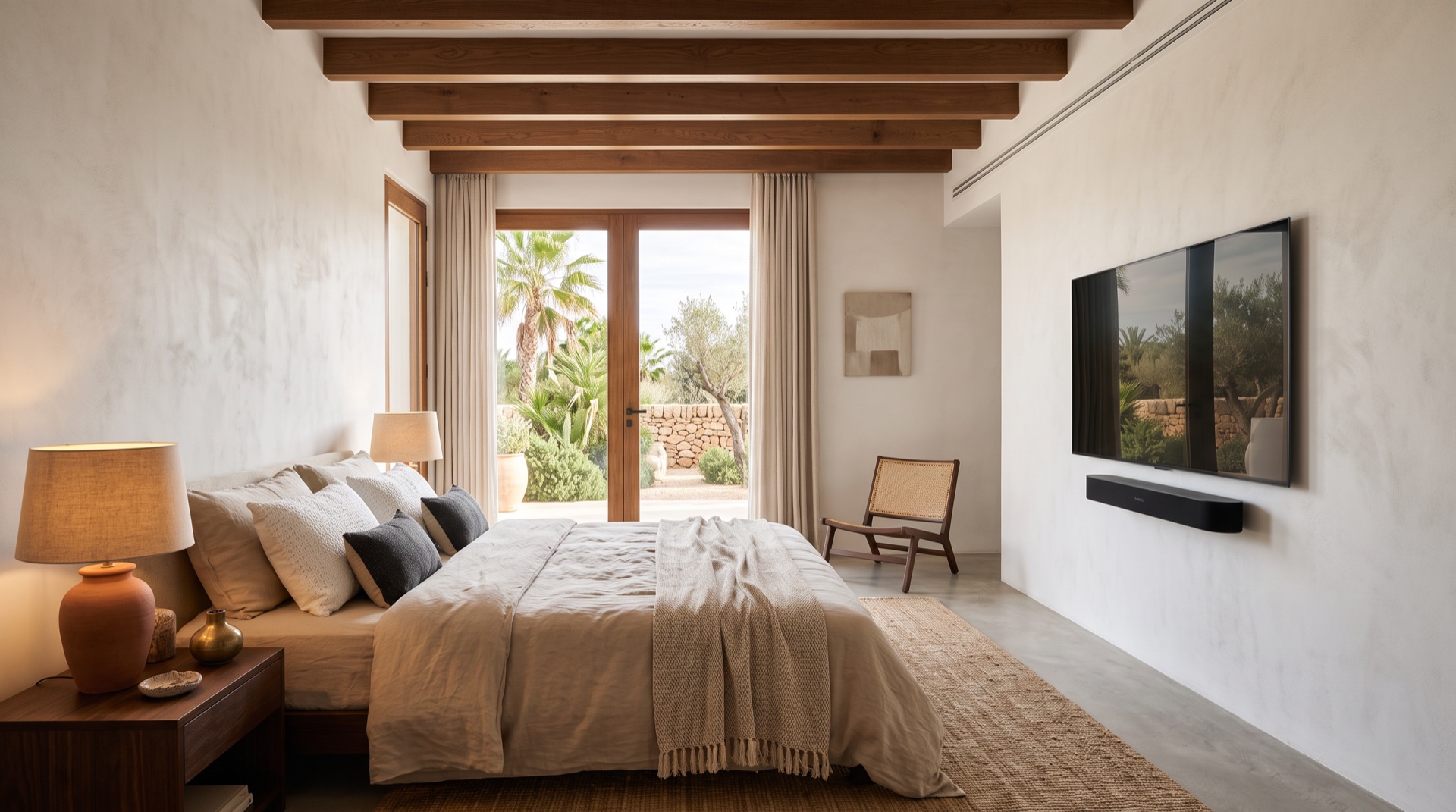 TV met Sonos-soundbar geïnstalleerd in een slaapkamer op Ibiza
