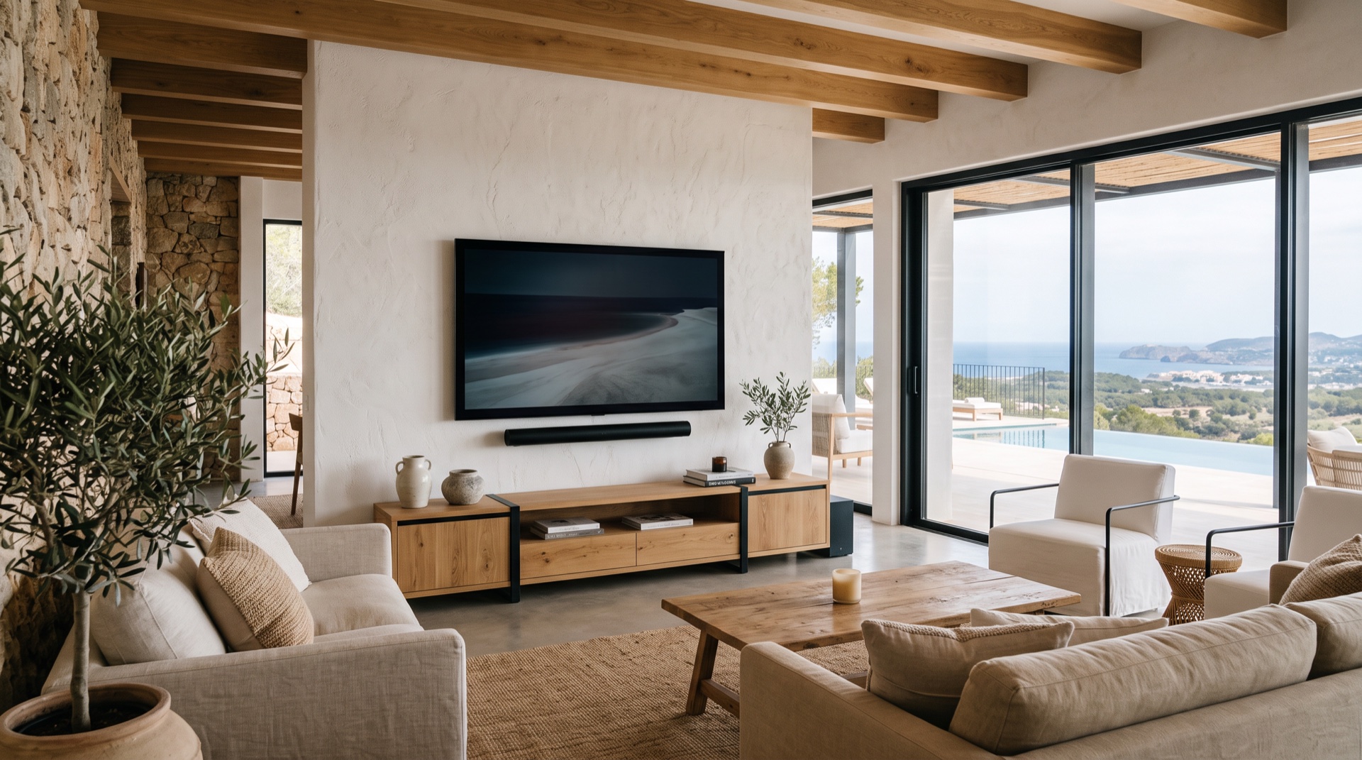 TV en Sonos-soundbar in een lichte woonkamer op Ibiza